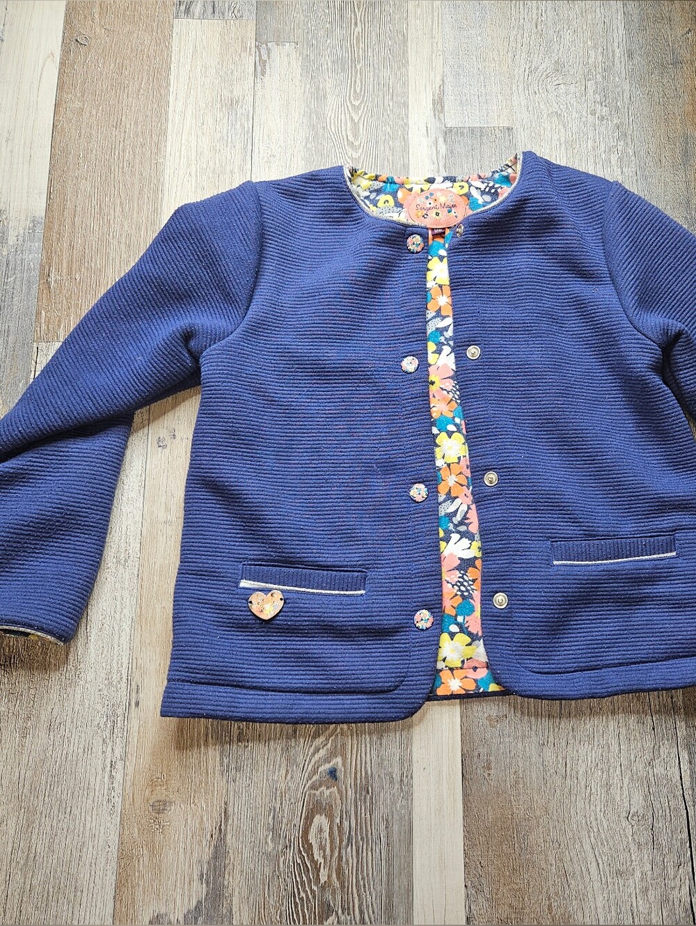 Sergent Major Girls Size 6 Navy Blue Ribbed Jacket Floral Liner